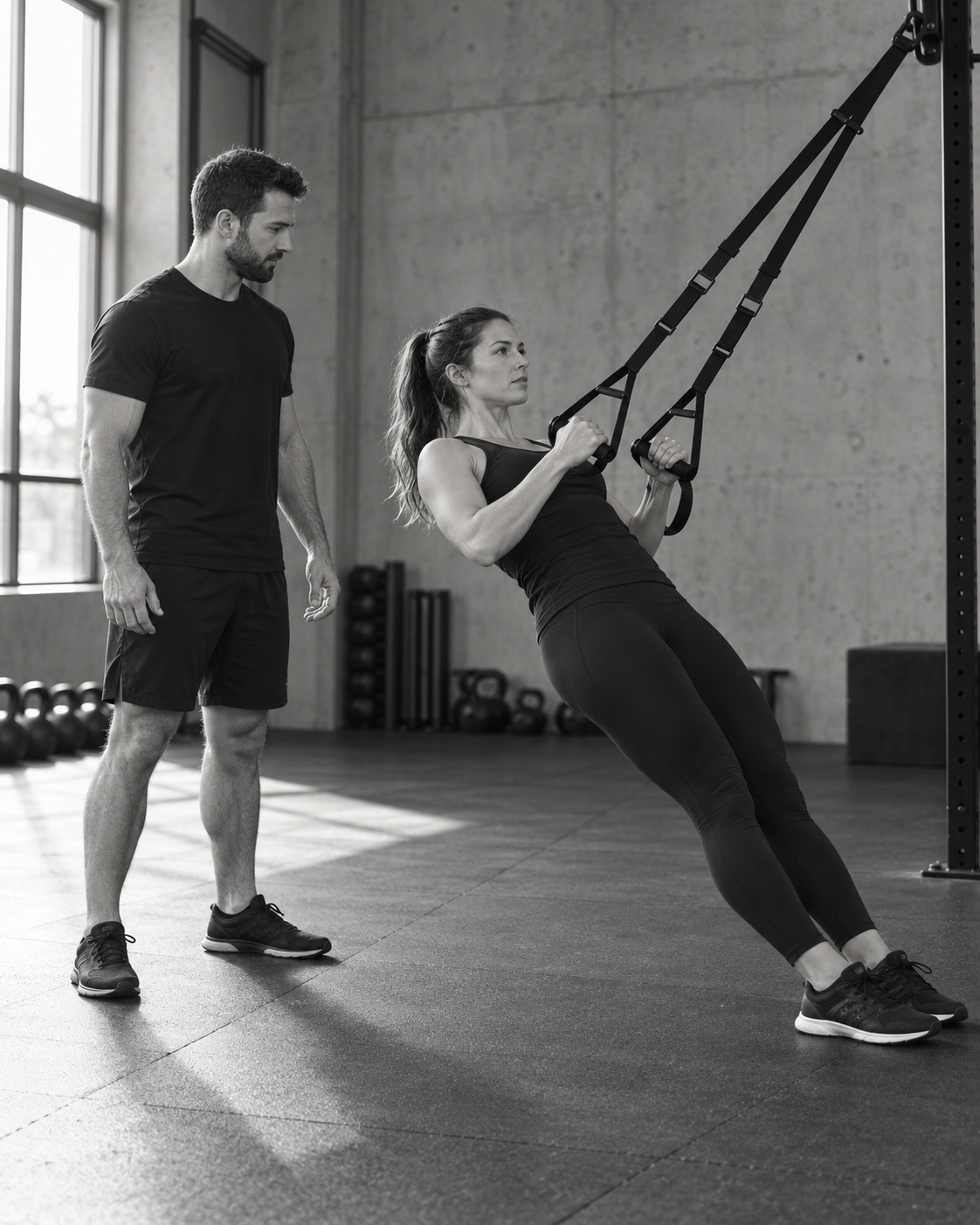 A coach guides a learner through suspension training.